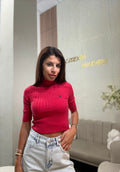 Ribbed Polo Short-Sleeve Knit Top