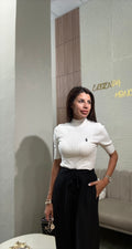 Ribbed Polo Short-Sleeve Knit Top