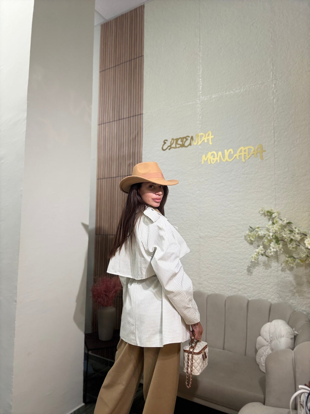 Ivory Check Belted Trench Jacket