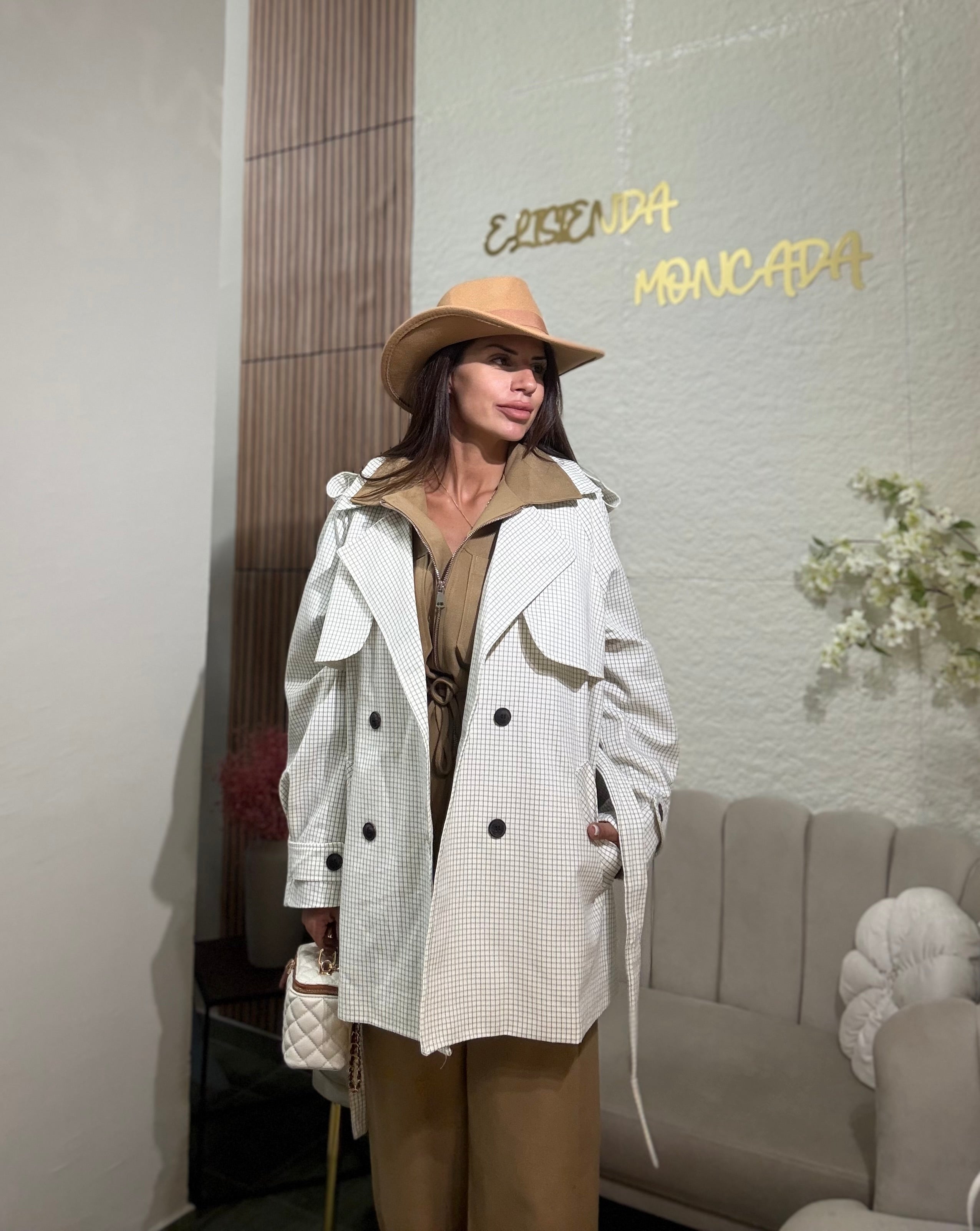 Ivory Check Belted Trench Jacket