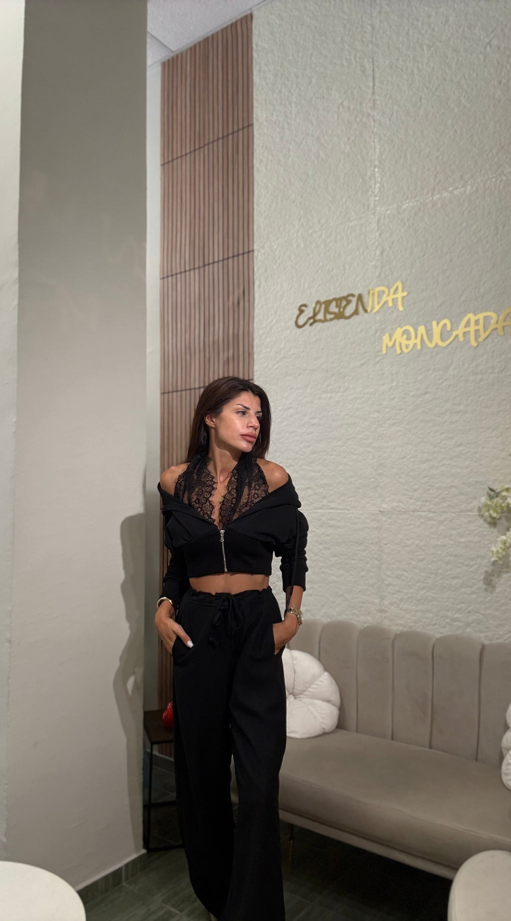 Lace Bra Crop Hoodie Set - Black